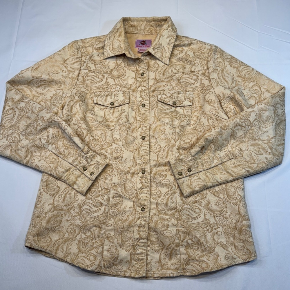 Vintage Wired Heart Womens L Western Shirt Beige Paisley Long Sleeve Button Up‎